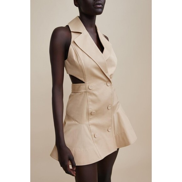 Acler Cut-Out Trench 100% Cotton Mini V-Neck Dress Beige AU 8 US 4 - Picture 2 of 11